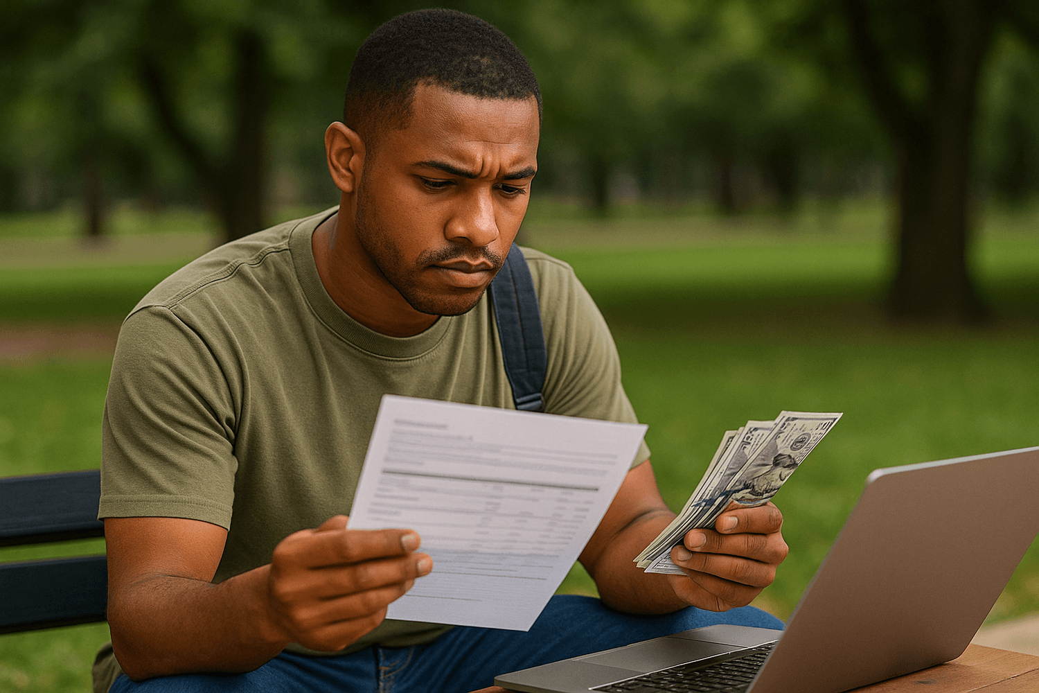 Man sitting outdoors holding cash in one hand and a financial document in the other, looking concerned while sitting in front of a laptop.