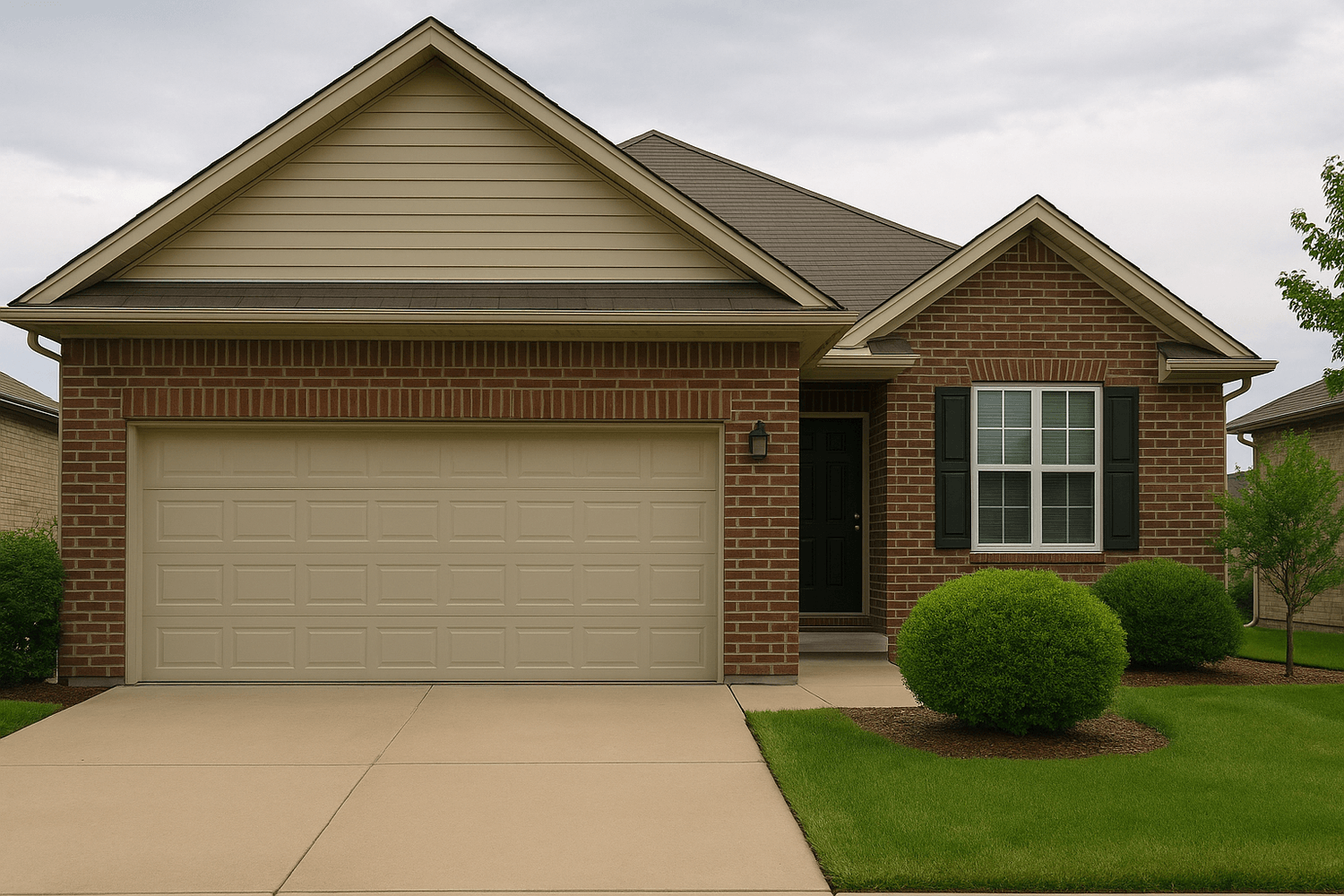 Front view of a modern single-story brick house with a two-car garage, black front door, and neatly trimmed green shrubs along the walkway.