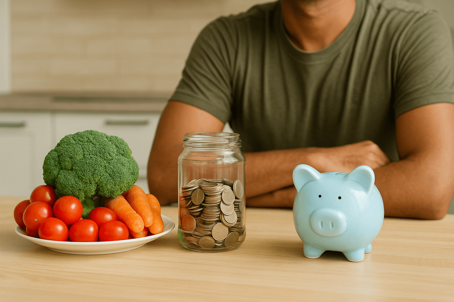 Close-up of a person sitting at a table with a plate of fresh vegetables (broccoli, tomatoes, and carrots), a glass jar filled with coins, and a blue piggy bank, symbolizing budgeting, healthy living, and saving money.