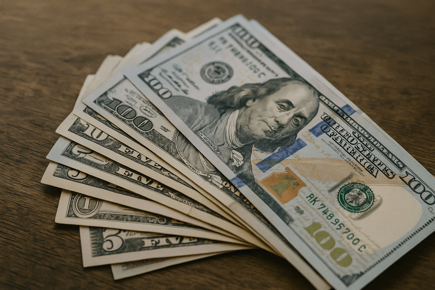 Close-up of fanned-out U.S. dollar bills on a wooden surface, with denominations ranging from $1 to $100, highlighting Benjamin Franklin on the $100 bill.