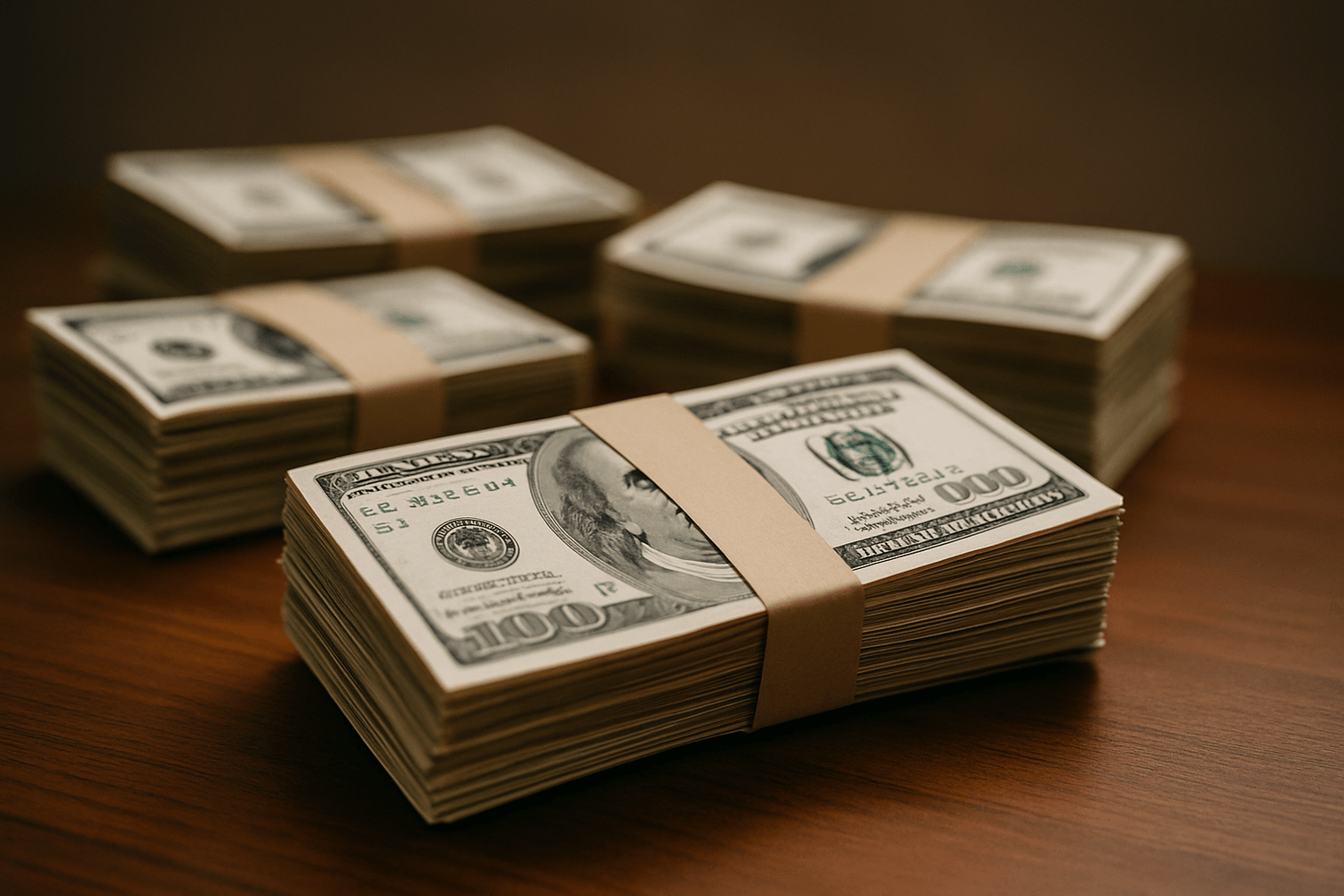 Stacks of U.S. $100 bills bundled with paper bands arranged on a wooden surface, with Benjamin Franklin’s portrait visible on the top note of the nearest stack.