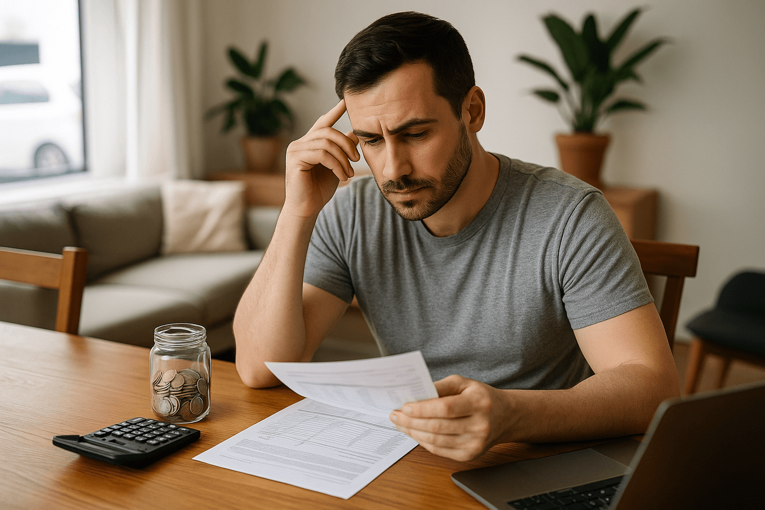 Man in a gray t-shirt sitting at a table at home, looking worried while reviewing financial documents. A jar of coins, calculator, and laptop are on the table beside him.