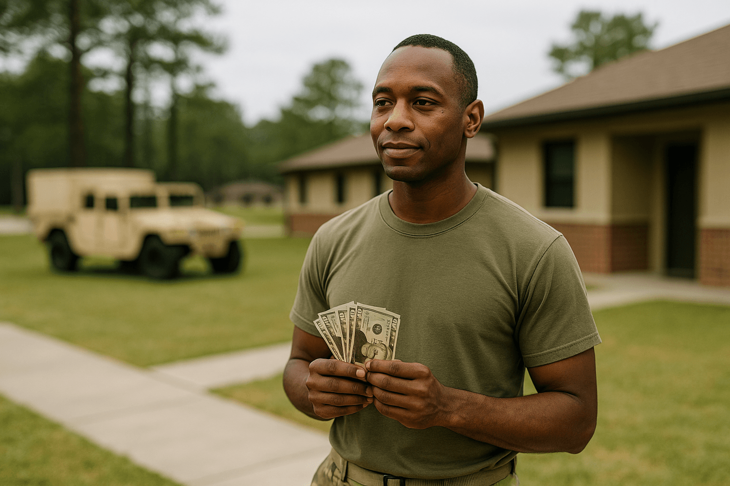 Soldier in uniform standing outdoors on base, holding several U.S. dollar bills with a military vehicle and barracks in the background.
