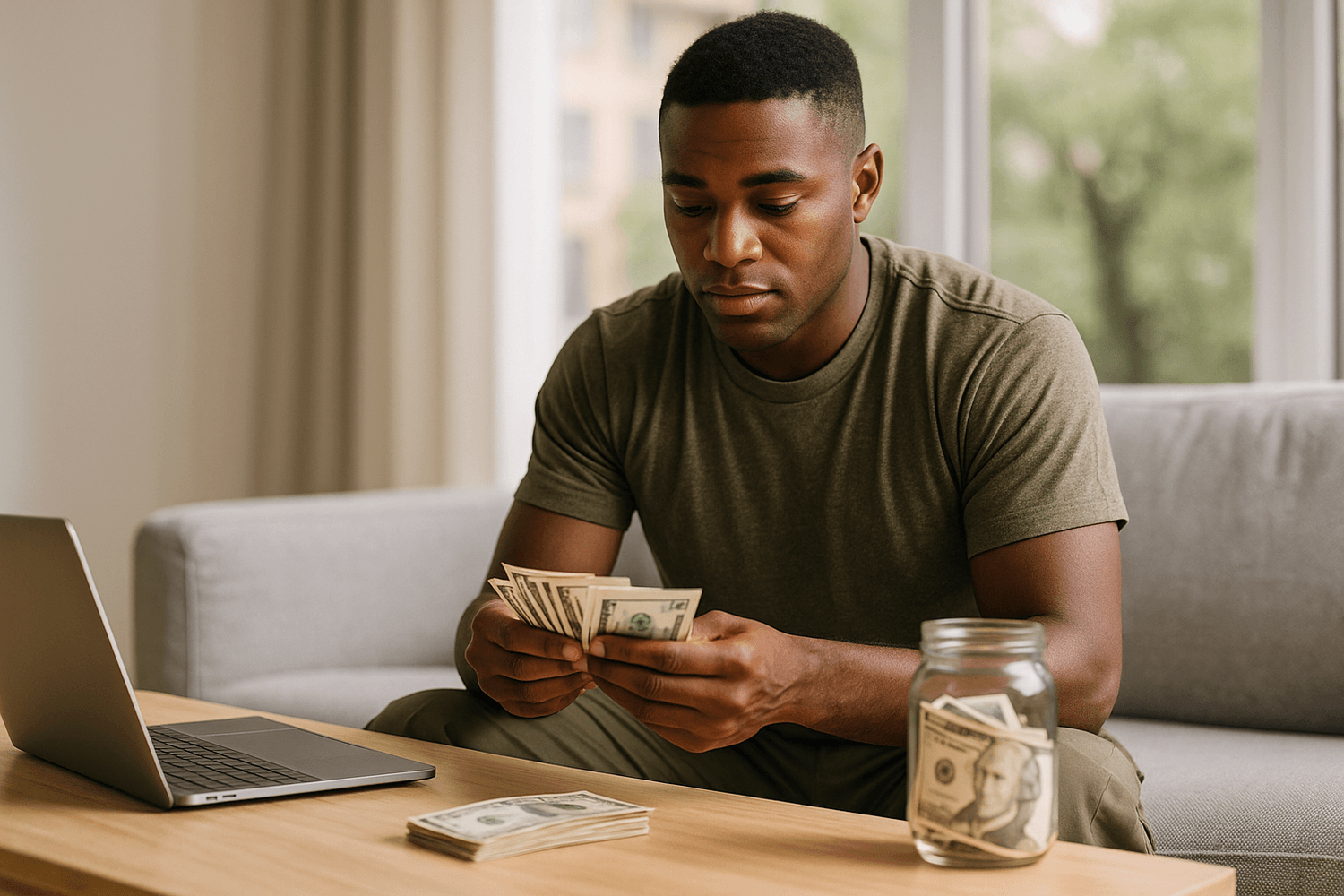 Soldier sitting on a couch indoors, counting U.S. dollar bills with a laptop on the table and a jar of cash beside him.