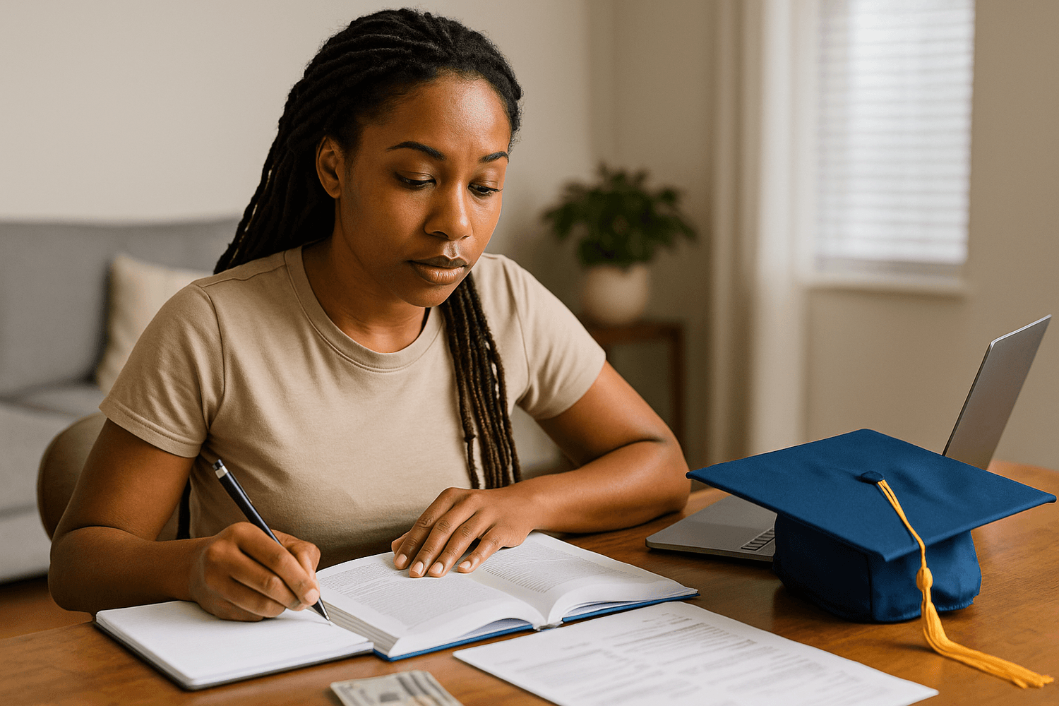 A woman in a beige shirt studies at a desk with an open book, notebook, and laptop beside a blue graduation cap. The image represents education, financial planning for college, or scholarship preparation.