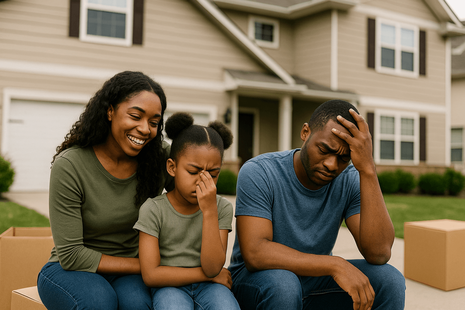 Family sitting on moving boxes in front of a house. The mother smiles while the father and daughter show stress and frustration, reflecting the emotional challenges of moving and financial strain.