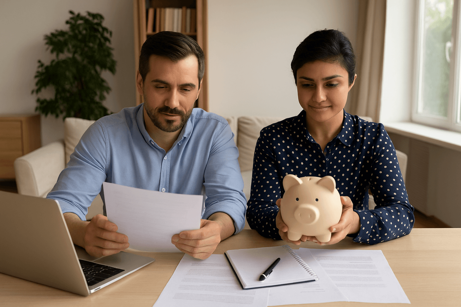 Couple sitting at a desk reviewing financial documents. The man reads a paper while the woman smiles, holding a piggy bank, symbolizing savings and financial planning.