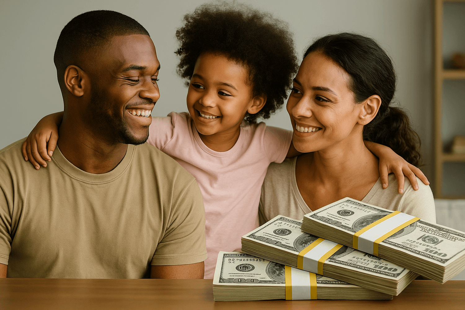 Smiling family with a young child sitting together at a table with several stacks of hundred-dollar bills in front of them, symbolizing financial success and security.
