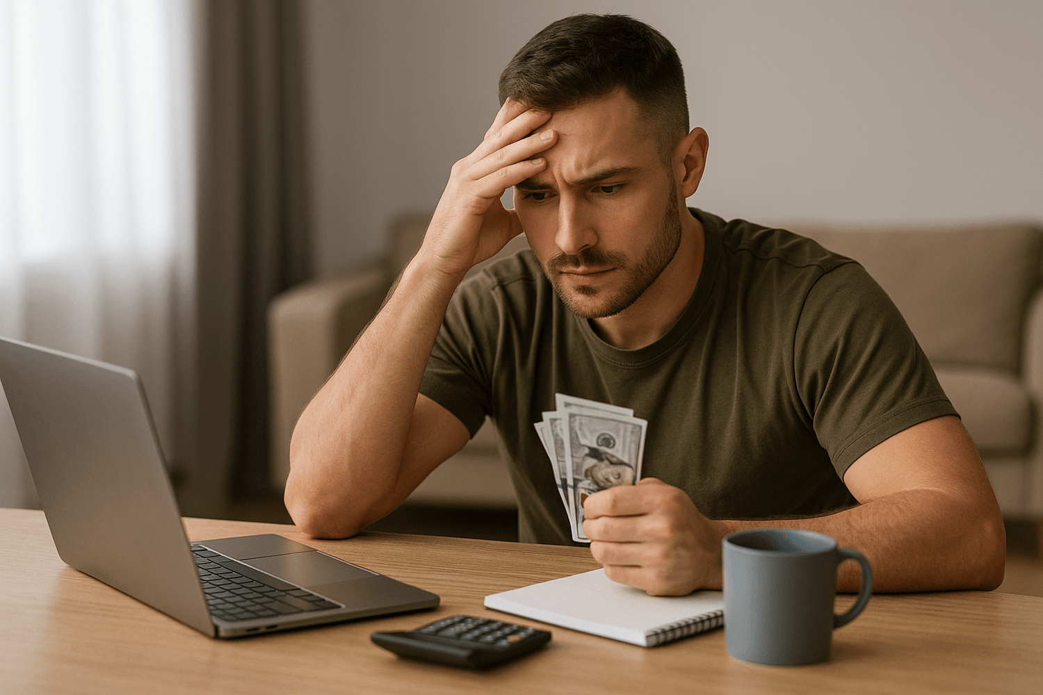 Stressed man sitting at a desk with a laptop, notebook, calculator, and coffee mug, holding a few dollar bills while looking worried about his finances.