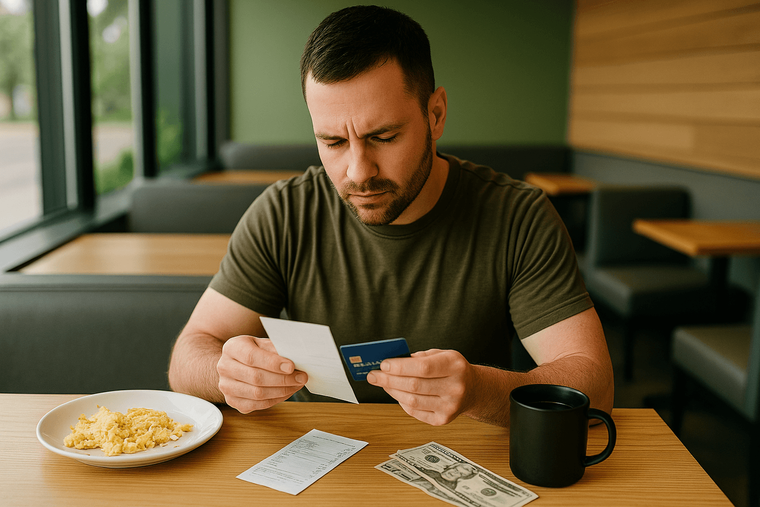 Man sitting at a restaurant table looking concerned while holding a credit card and receipt, with cash, a bill, scrambled eggs, and a cup of coffee in front of him.