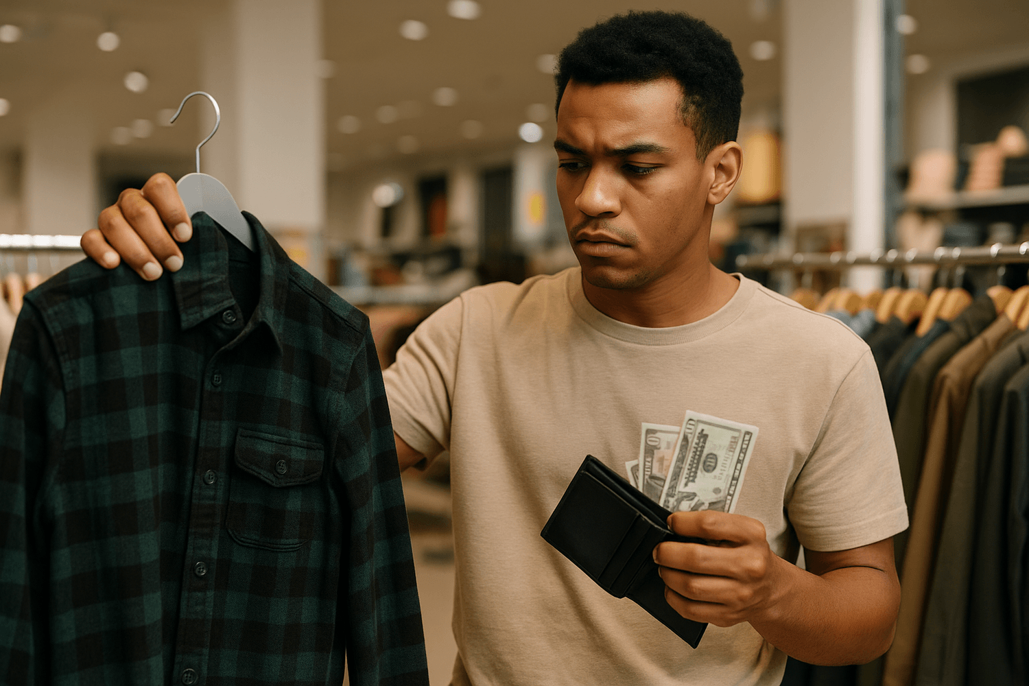 Man shopping in a clothing store, holding a green and black plaid shirt on a hanger while looking at it with concern, holding cash and a wallet in his other hand.