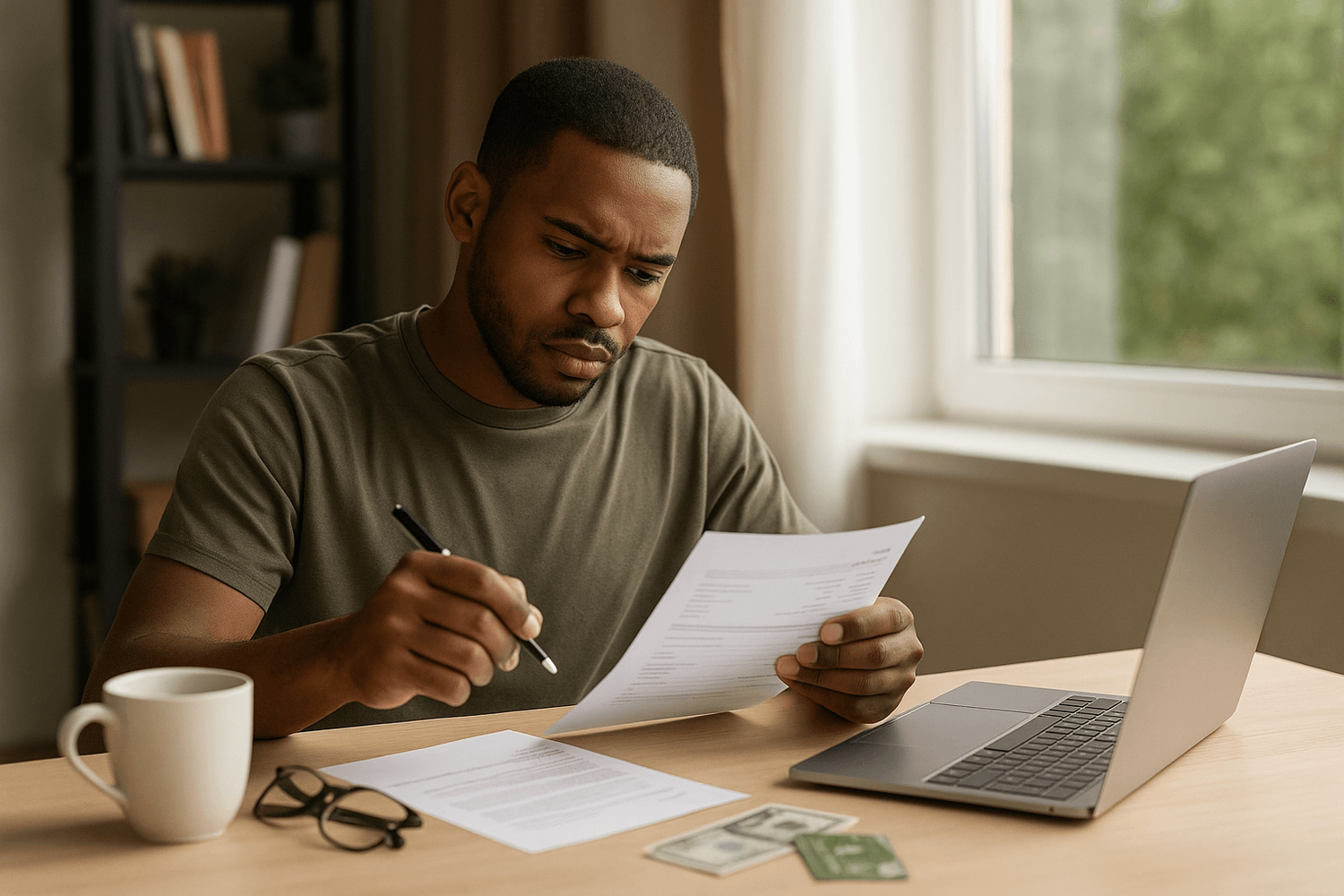 Man sitting at a desk with a laptop, coffee mug, and cash, looking focused while reviewing a document and holding a pen, appearing to work on financial paperwork.
