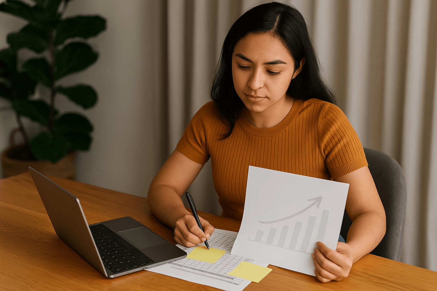 Woman sitting at a desk in the barracks with a laptop and calculator, holding her head in frustration while reviewing bills and receipts, symbolizing financial stress for soldiers.