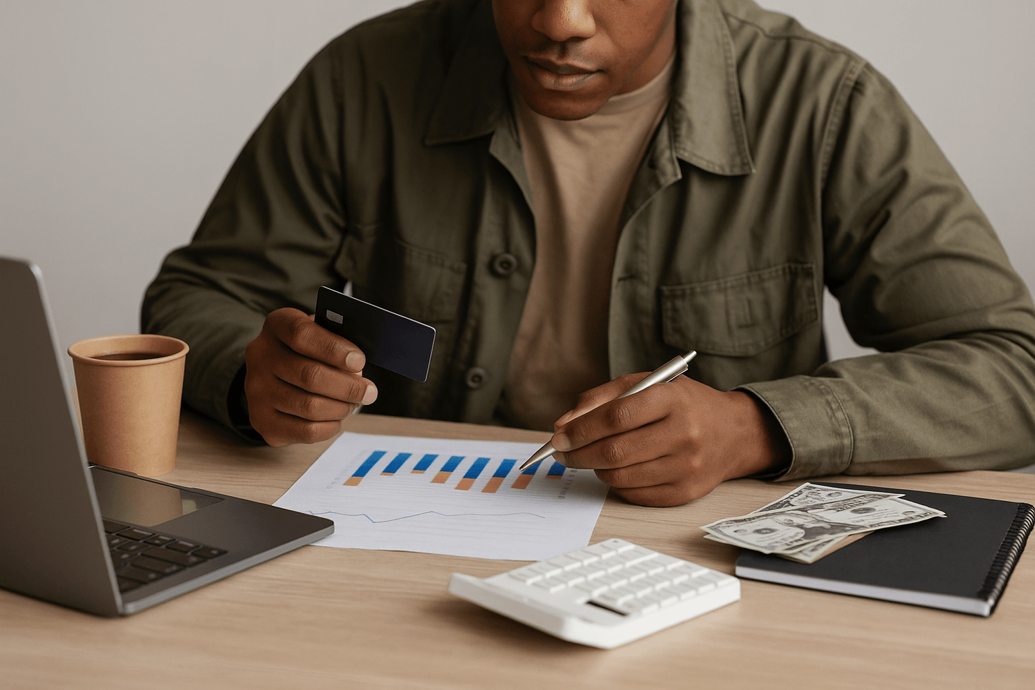 Soldier managing money with a laptop, calculator, and credit card at a desk, analyzing charts and cash to budget smarter while serving in the Army.
