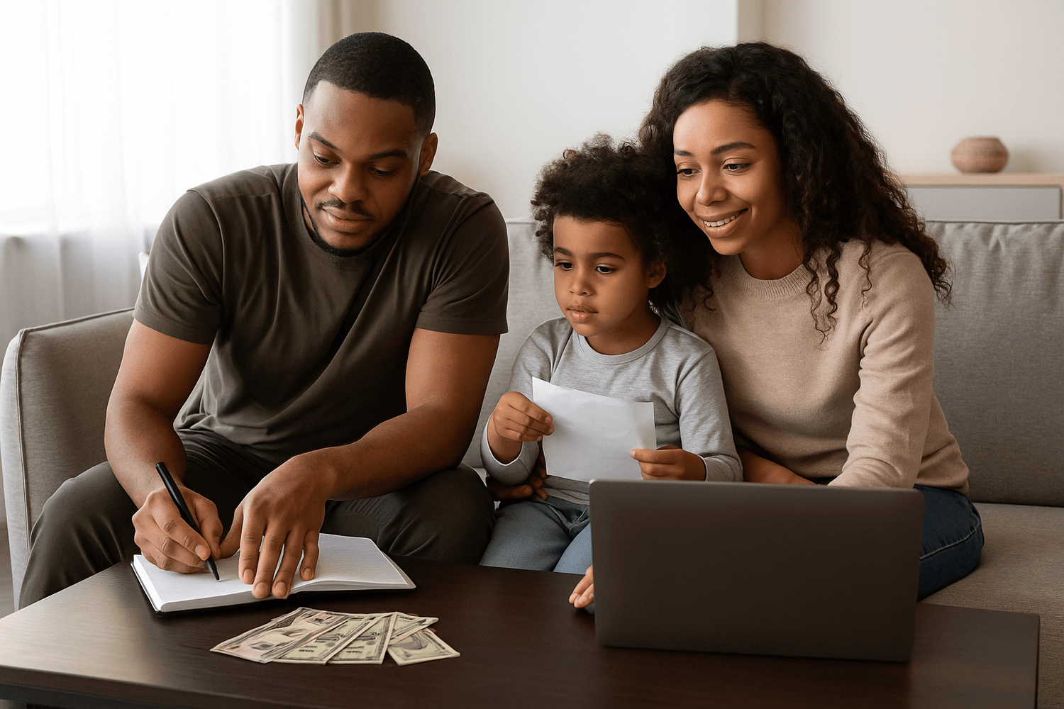 Military family budgeting together at home with cash, notebook, and laptop, learning smart ways to save money, plan expenses, and build financial security while serving.