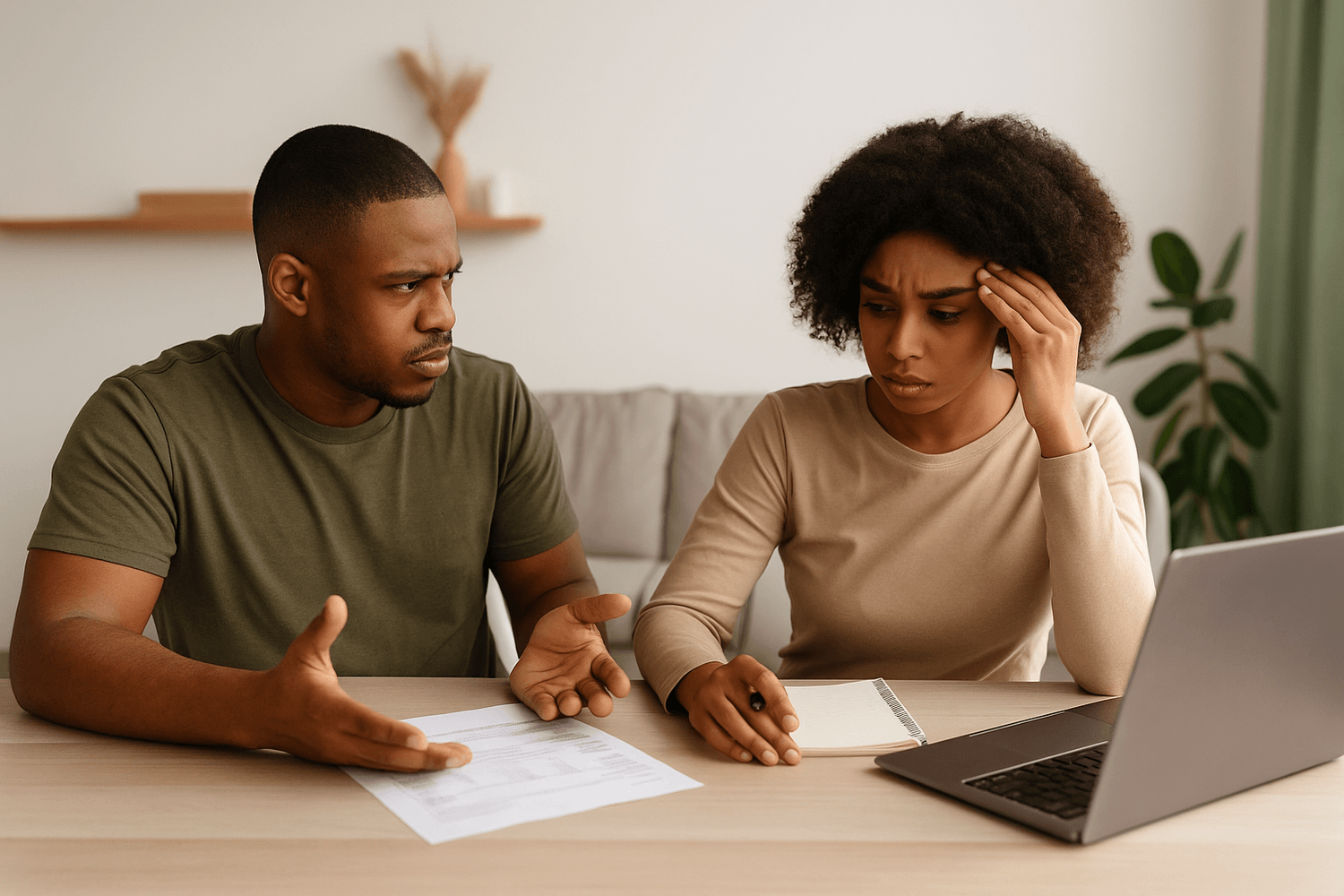 Couple stressed while discussing finances at home, representing money fights in military marriages and the challenges of budgeting, communication, and financial planning together.