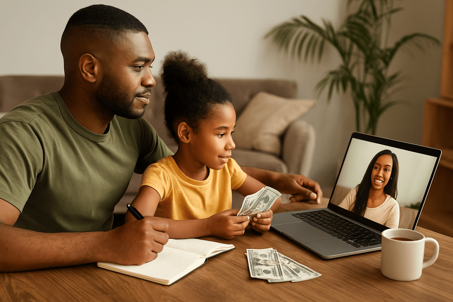 Military dad teaching daughter about money while on a video call with mom, showing family financial planning and long distance support for soldiers.