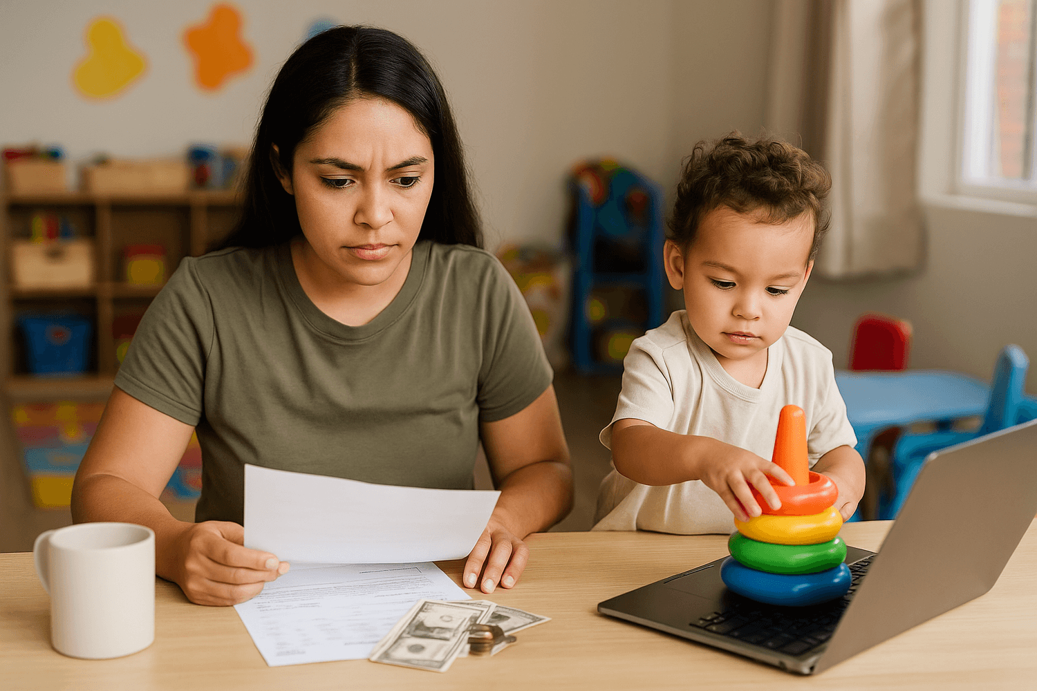 Young mother reviewing bills with cash on the table while caring for toddler at home showing the challenge of balancing family budgeting and childcare expenses.
