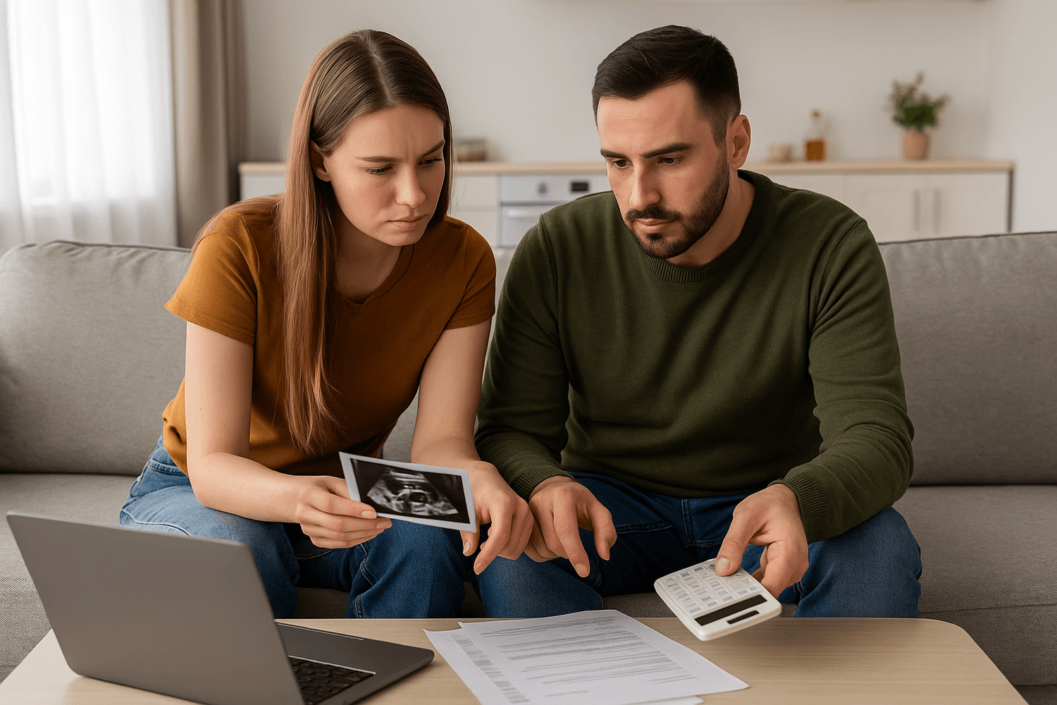 Young couple reviewing finances with laptop and calculator while holding ultrasound scan planning for baby expenses and family budgeting.