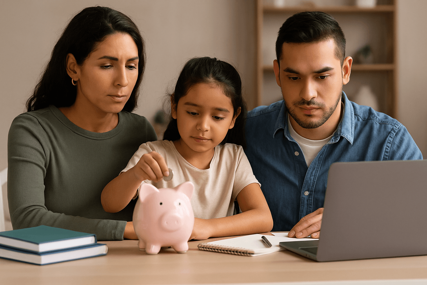Parents teaching daughter about saving money as she puts coin into piggy bank while budgeting at home with laptop.
