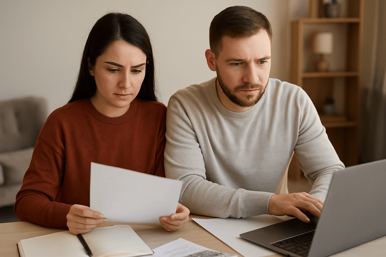 Couple reviewing bills together at home while budgeting with laptop and paperwork.