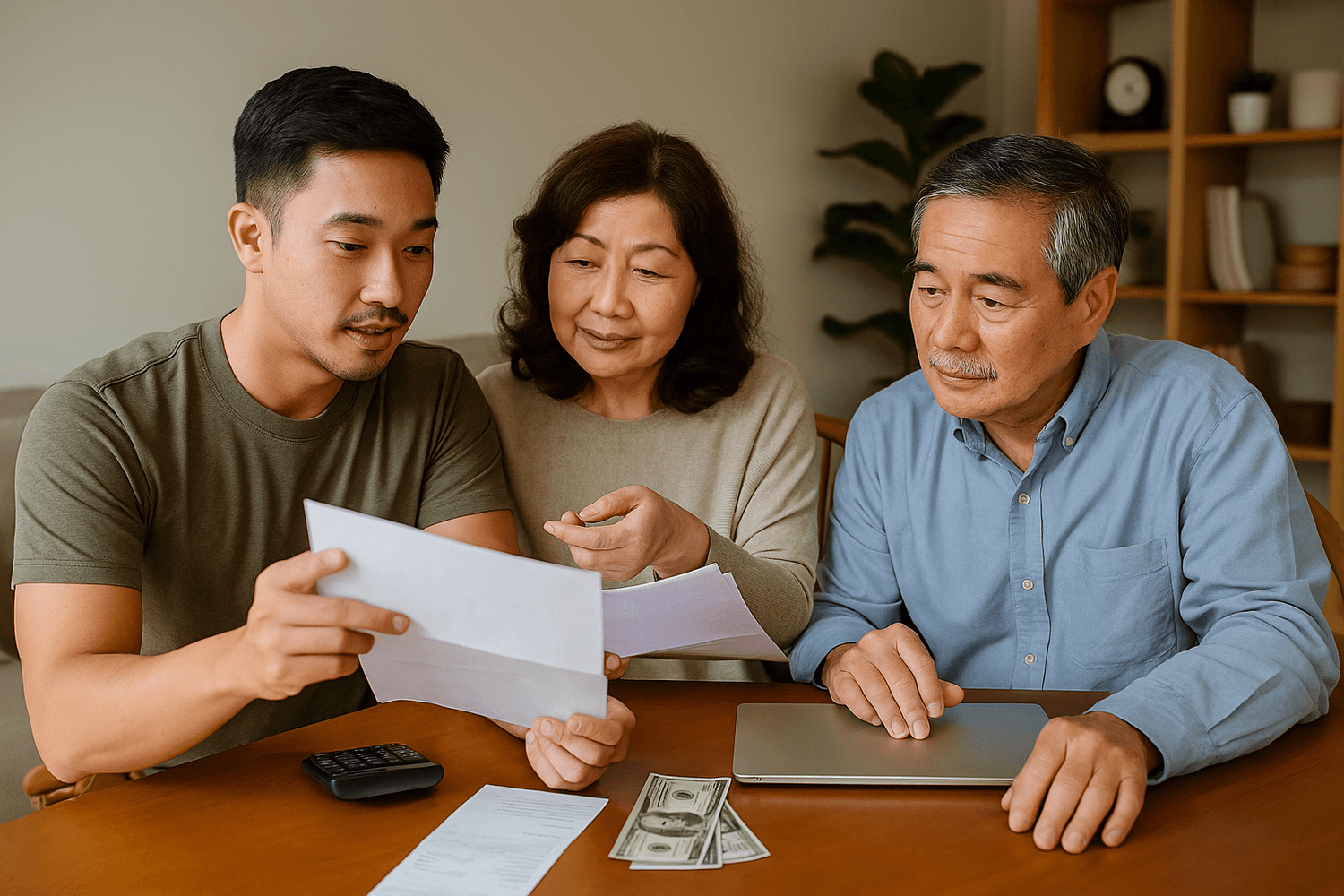 Young man reviewing bills and financial documents with his parents at the table, discussing money management and budgeting together.