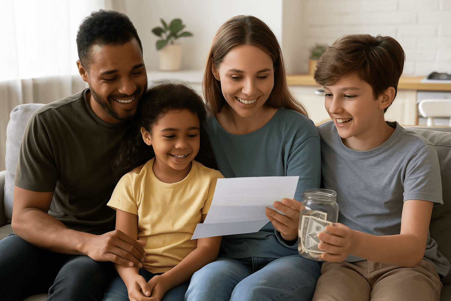 Happy family sitting together at home, reviewing finances and saving money with children holding a jar of cash.