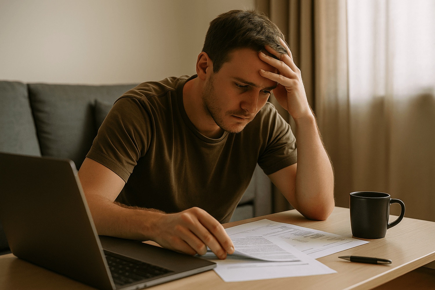 Stressed young man sitting at a desk with laptop and coffee cup, reviewing financial documents and bills at home.