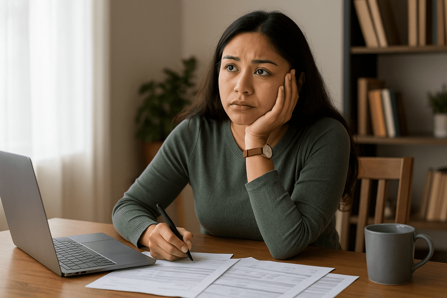 Worried young woman sitting at desk with laptop, holding pen and reviewing financial paperwork at home.