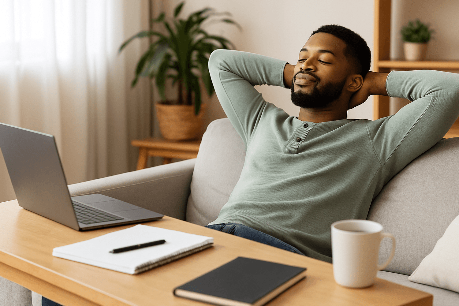 Relaxed young man leaning back on couch with laptop and notebook on table, enjoying stress-free financial planning at home.