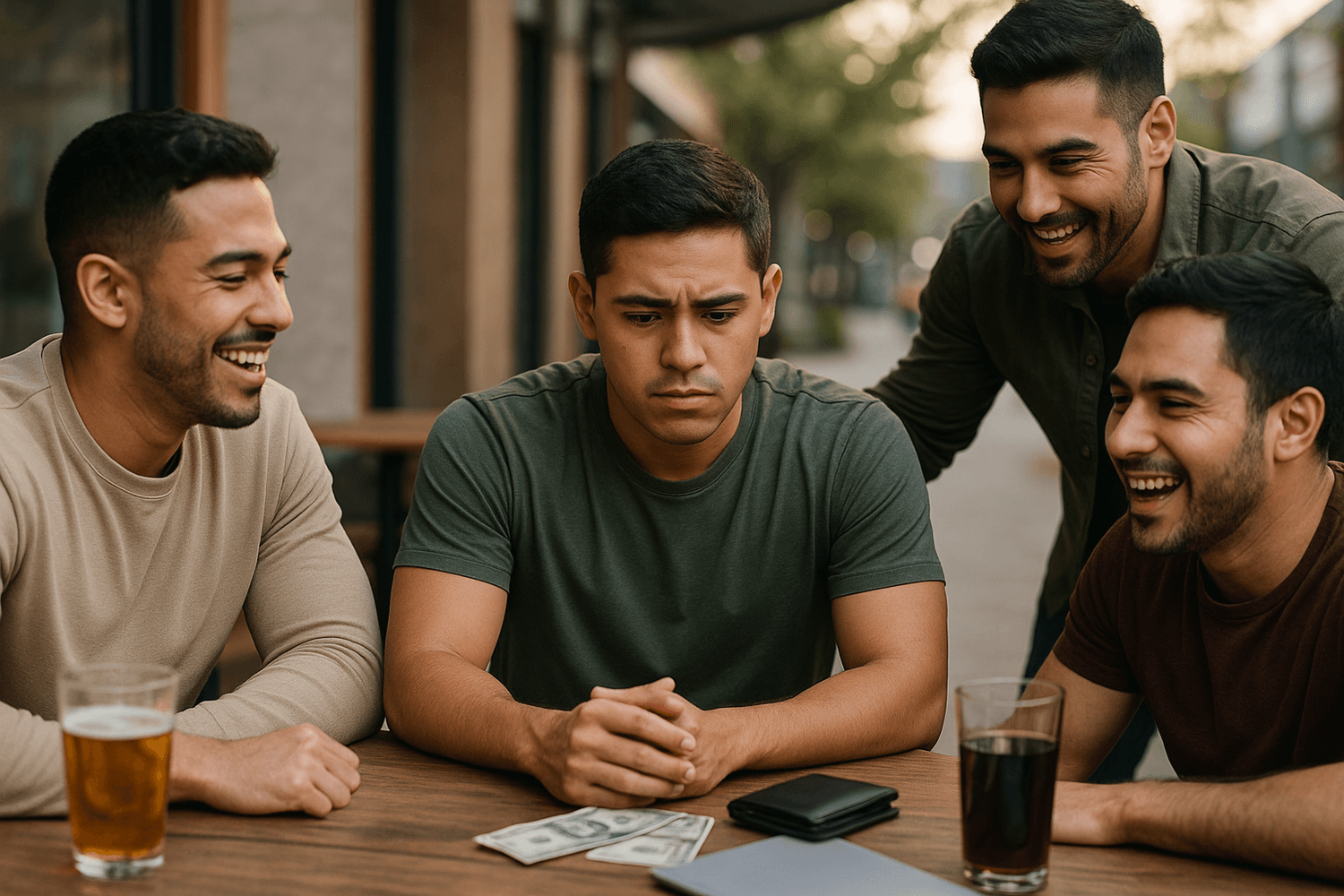 Young man looking stressed about money while friends laugh around him at outdoor table with drinks and cash on the table.