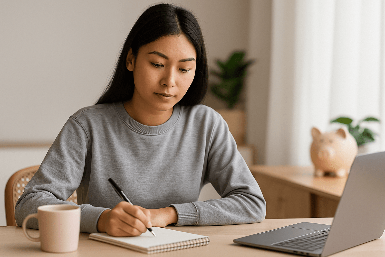 Young woman writing financial notes in a notebook while working on a laptop with a piggy bank in the background, symbolizing budgeting and savings planning.