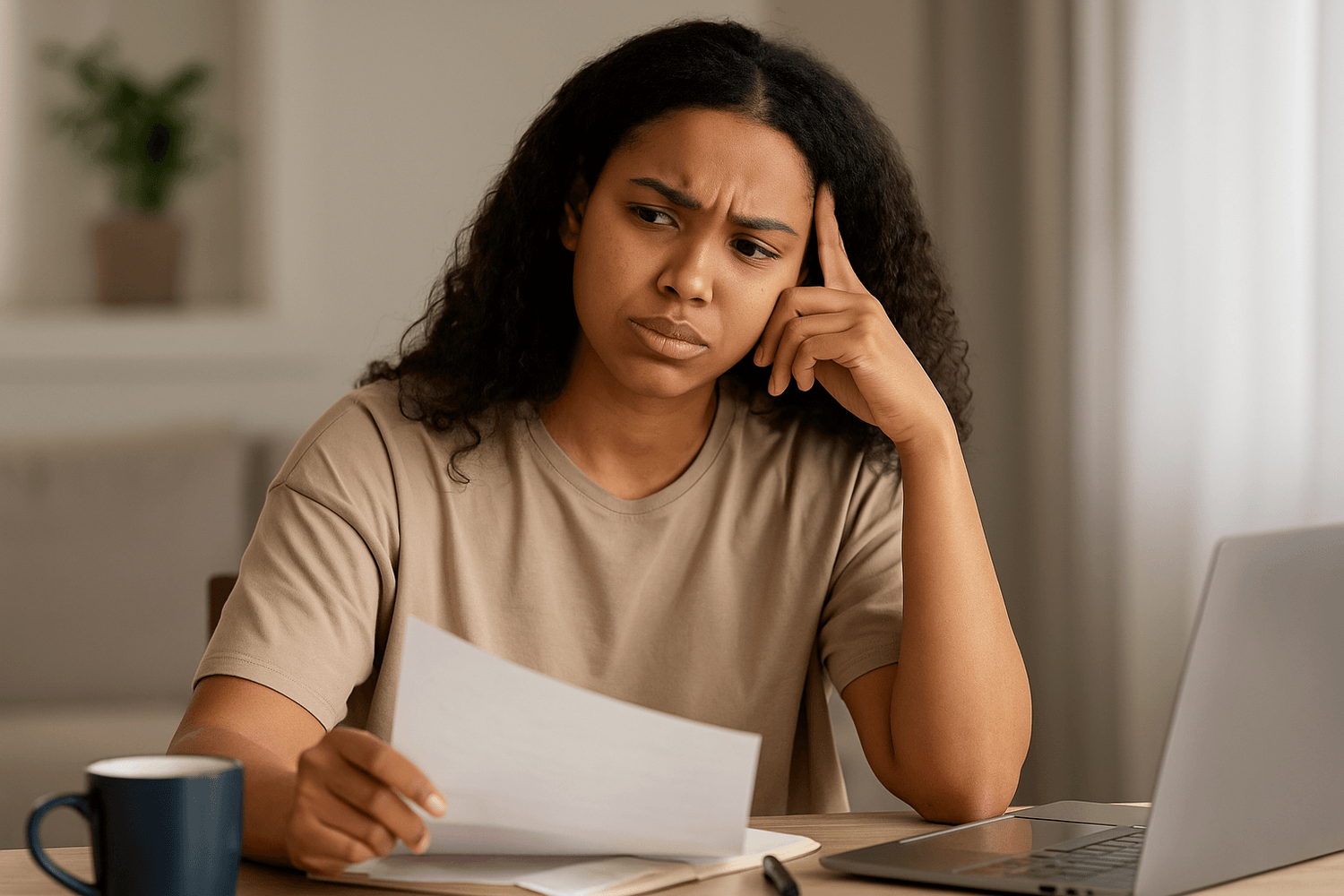 Concerned young woman reviewing bills at home with a laptop and coffee mug on the table, representing financial stress and budget challenges.