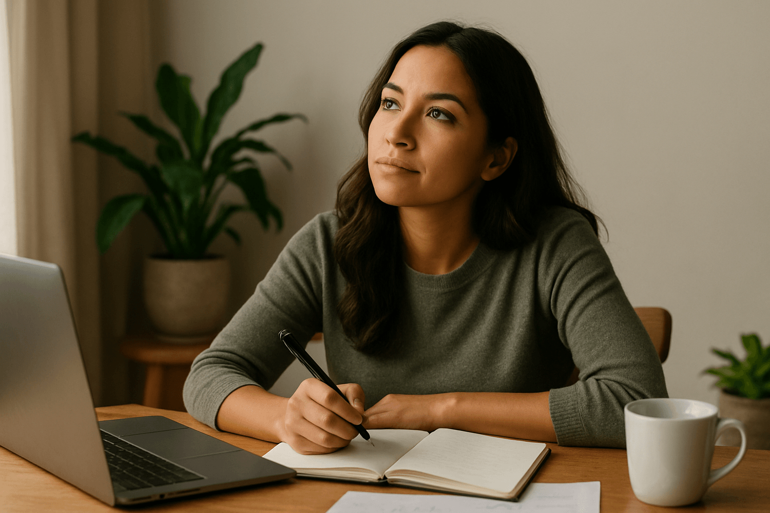 Thoughtful young woman planning finances at home with a laptop, notebook, and coffee mug, reflecting on money goals and future savings strategies.
