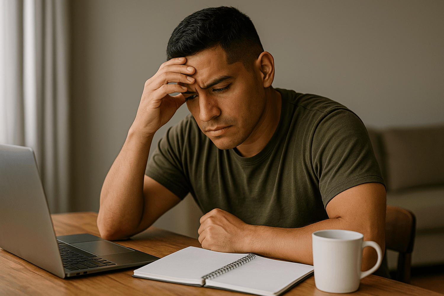 Worried man in military green t-shirt looking at laptop with notebook and coffee mug, stressed about personal finances and budgeting decisions.