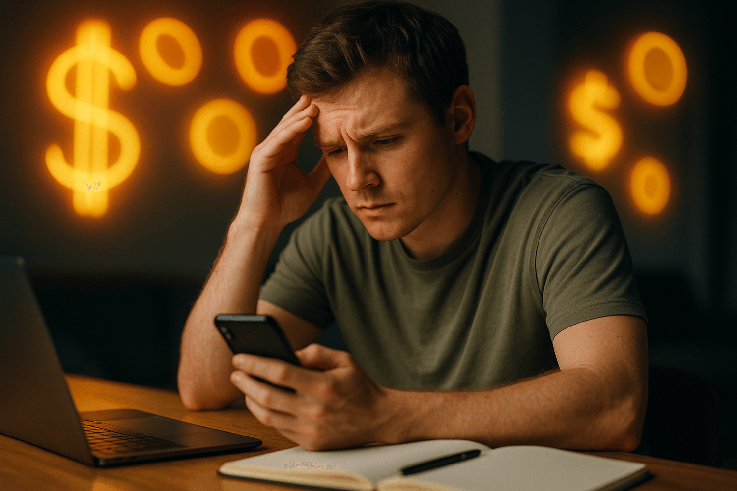 Concerned man in a green t-shirt checking phone for financial updates with dollar signs glowing in background, laptop and notebook on desk symbolizing money stress and budgeting challenges.