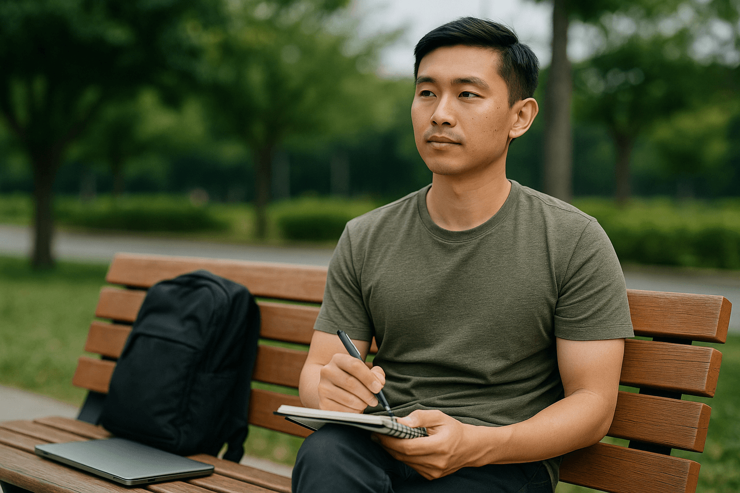 Young man in green t-shirt sitting on park bench writing in notebook with laptop and backpack beside him, reflecting on personal finance and future planning outdoors.