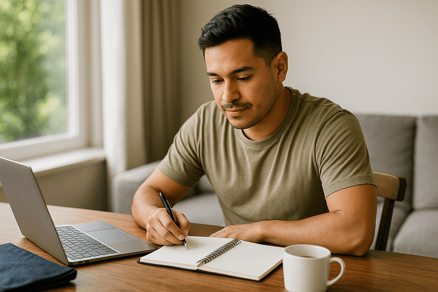 Young man in green t-shirt sitting at home desk with laptop, writing notes in a spiral notebook while planning finances and budgeting with coffee cup nearby.