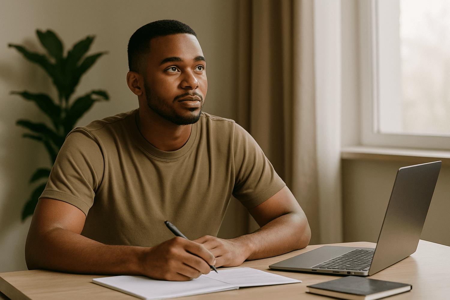Young man in tan t-shirt sitting at desk with laptop, looking thoughtful while writing in a notebook and planning personal finances near a bright window.