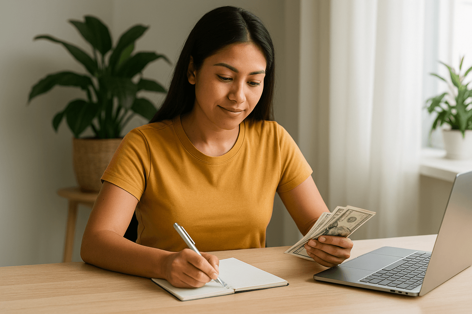 Young woman in mustard shirt managing money at desk, holding cash while writing notes in a notebook with a laptop nearby, budgeting at home.