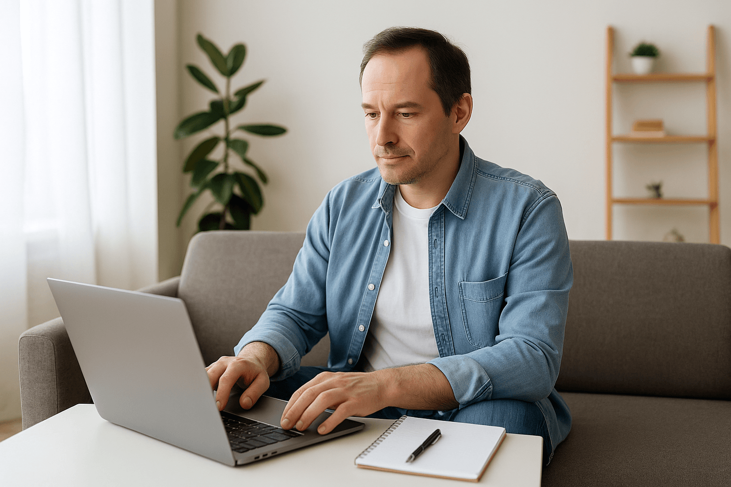 Middle-aged man in denim shirt working on laptop at home with notebook and pen beside him, focused on managing personal finances online.