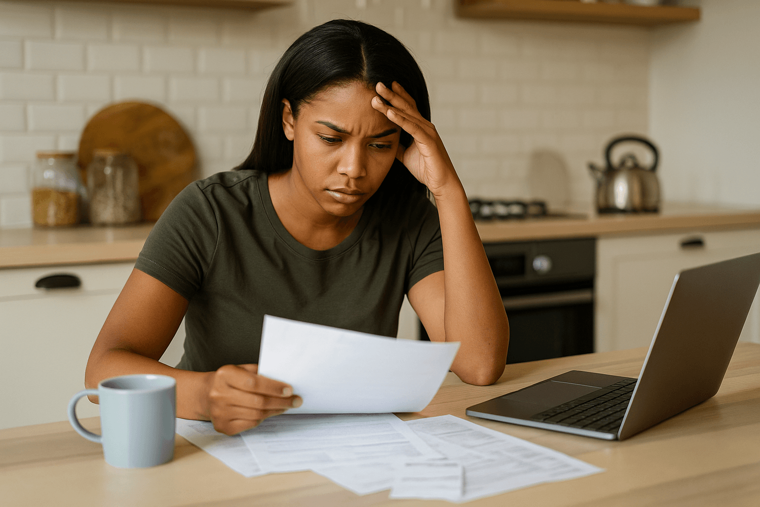 Worried young woman in green shirt reviewing bills at kitchen table with laptop and coffee mug, stressed about personal finances.