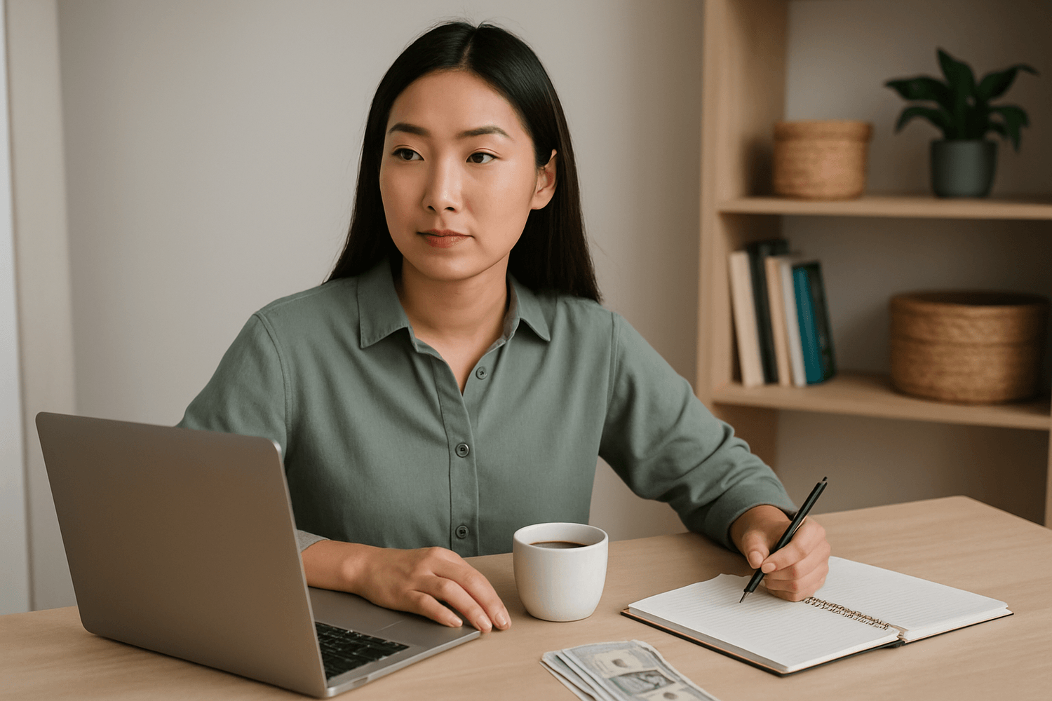 Focused young woman in green shirt working on finances at desk with laptop, coffee cup, notebook, and cash, managing personal budget.