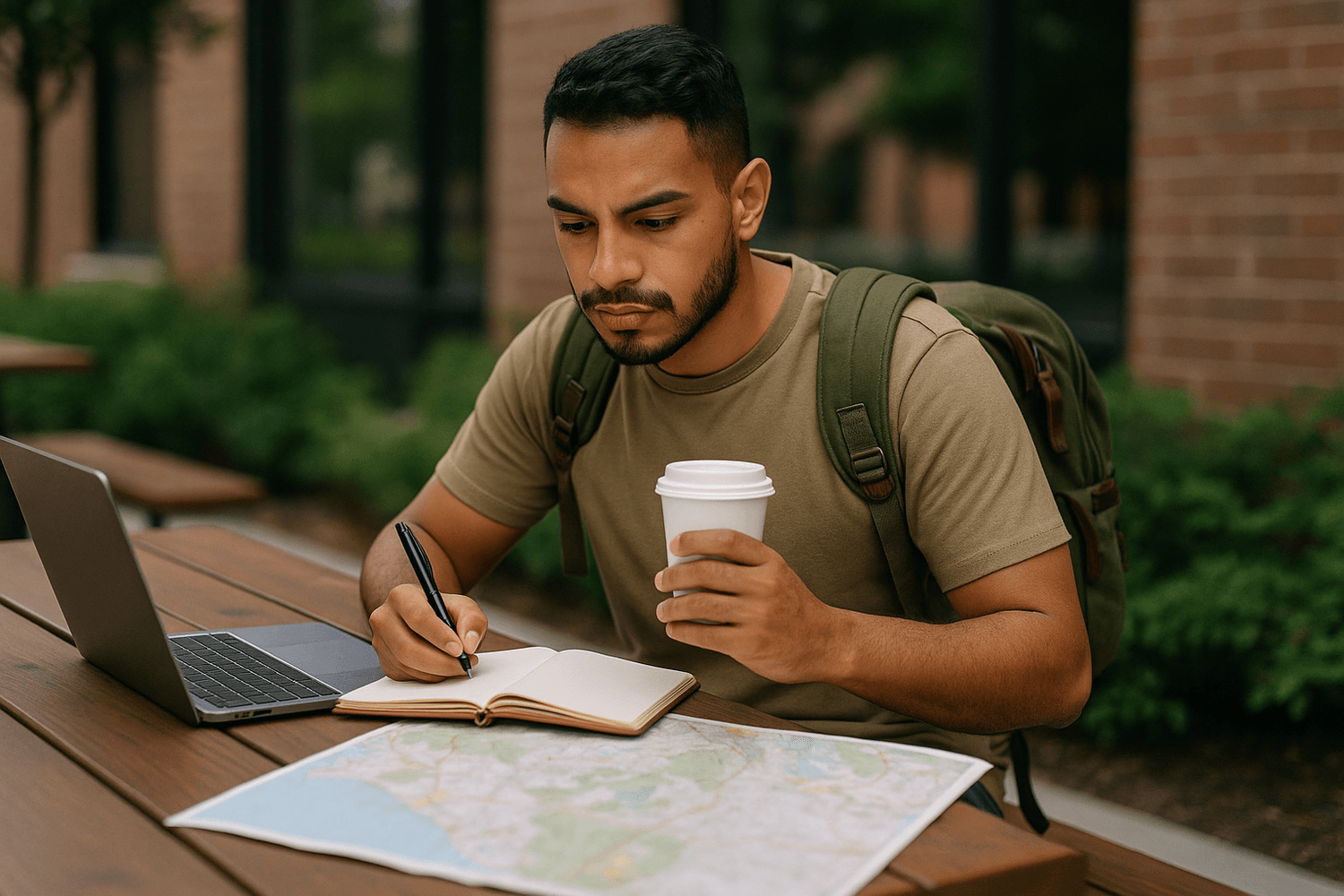 Young man with backpack and coffee cup studying a map and taking notes outdoors with laptop, planning travel and budgeting expenses