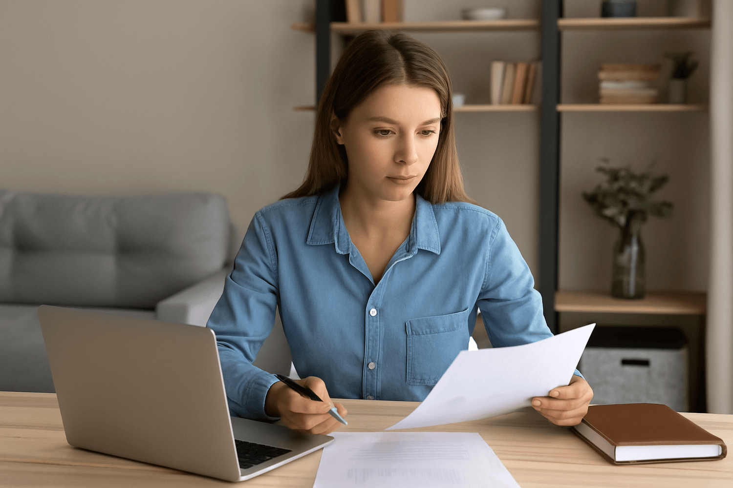 Focused young woman reviewing financial documents at home desk with laptop, planning budget and managing personal expenses.