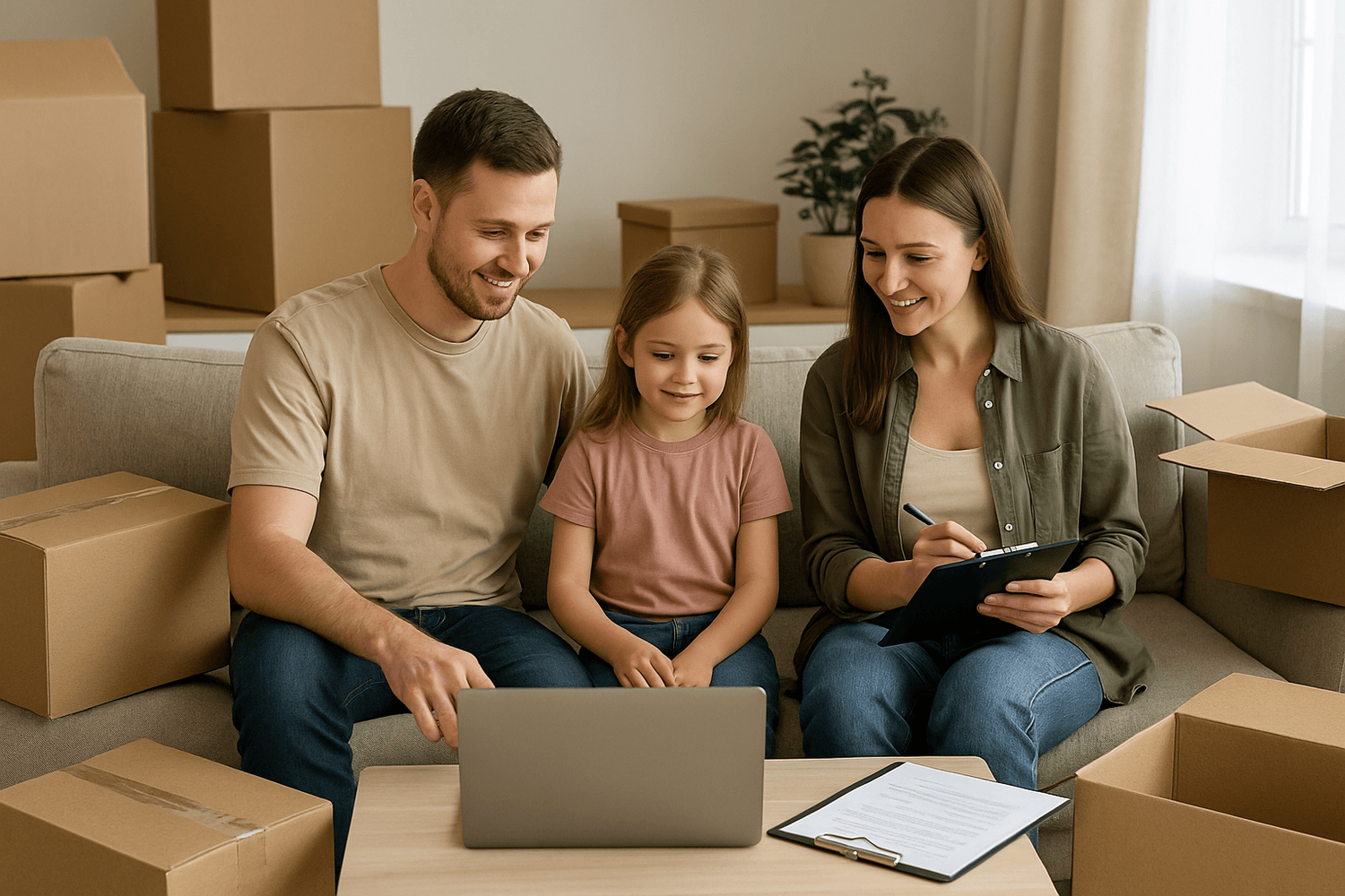 Happy family with young daughter using laptop while planning finances and unpacking moving boxes in new home.
