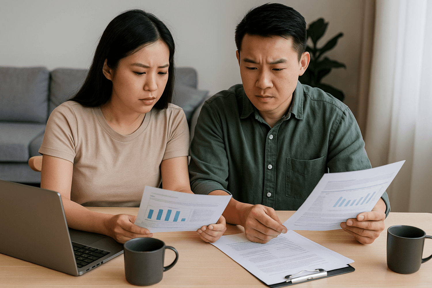 Serious couple reviewing financial documents and charts at home with laptop and coffee mugs on table.