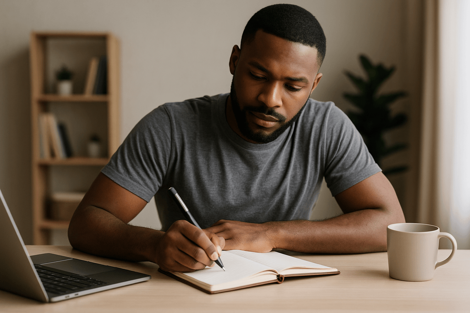 Focused man writing in notebook with laptop and coffee mug on desk while working from home.