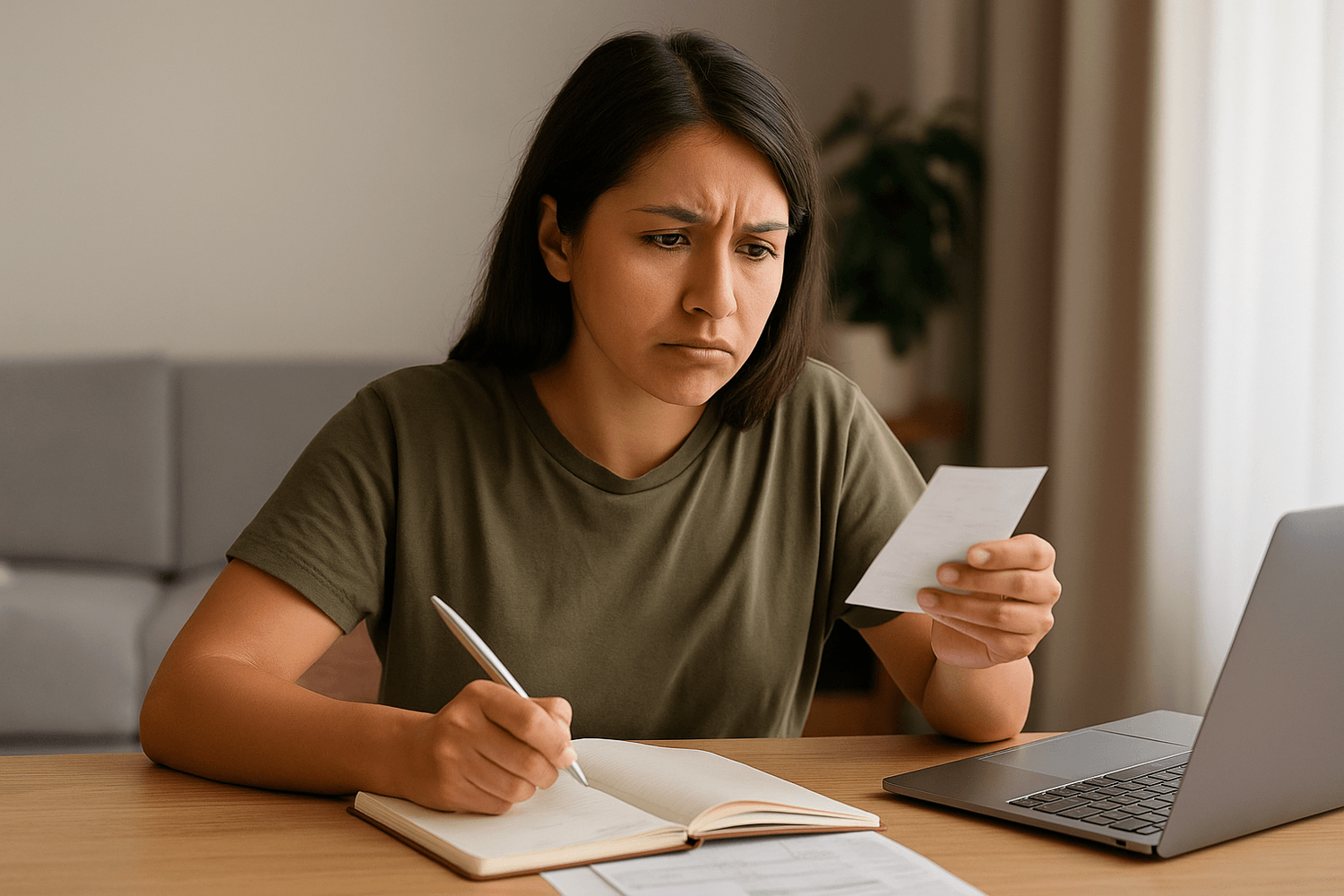 Worried woman reviewing bills and writing expenses in notebook while budgeting at home with laptop.