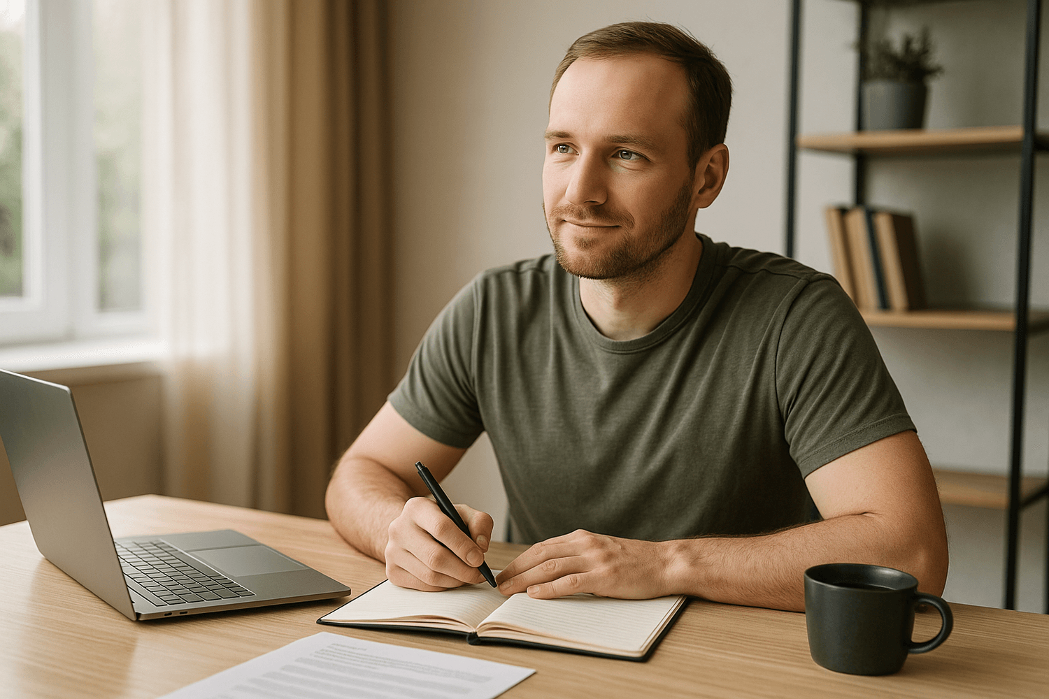 Confident man smiling while writing in notebook and planning finances at home office with laptop.